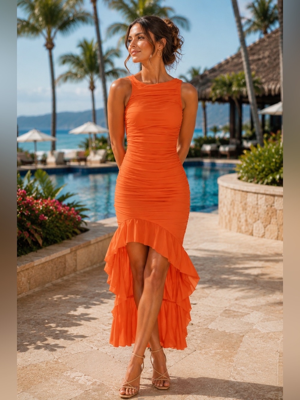 Sleeveless Orange Ruched High-Low Dress